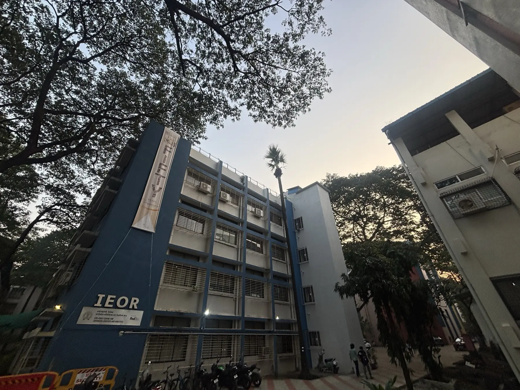 The IEOR building at IIT Bombay, with the Fifty Years banner on the blue facade