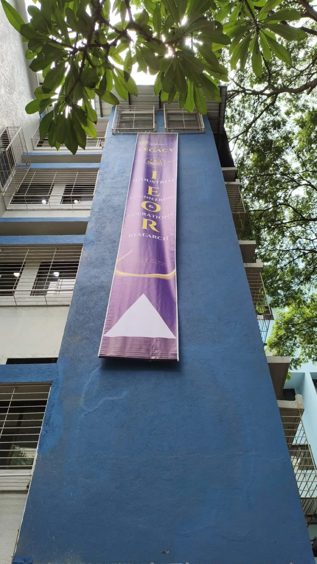 The purple Golden Jubilee banner hanging on the IEOR building
