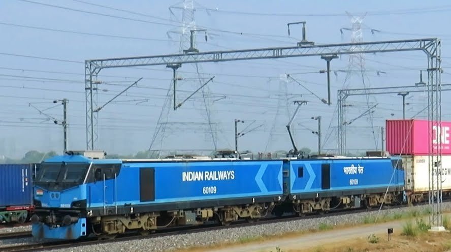 A container freight train hauled by Indian Railways electric locomotives